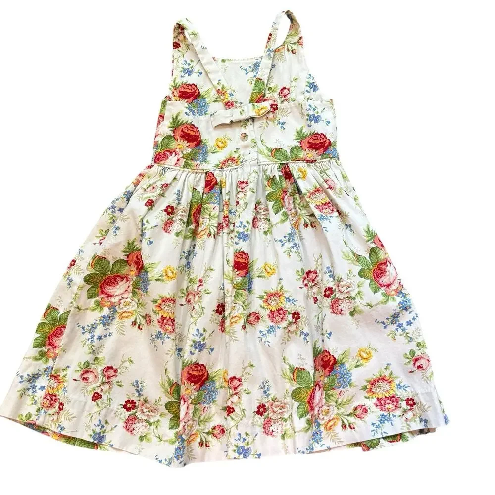 Polo Ralph Lauren Cream Floral Cotton Twill Pleated Sundress 6X Covered Buttons
